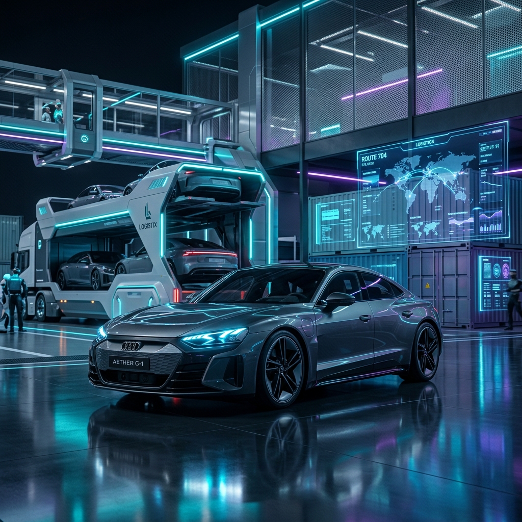 Premium electric vehicle in high-tech vehicle logistics terminal with digital HUD overlays